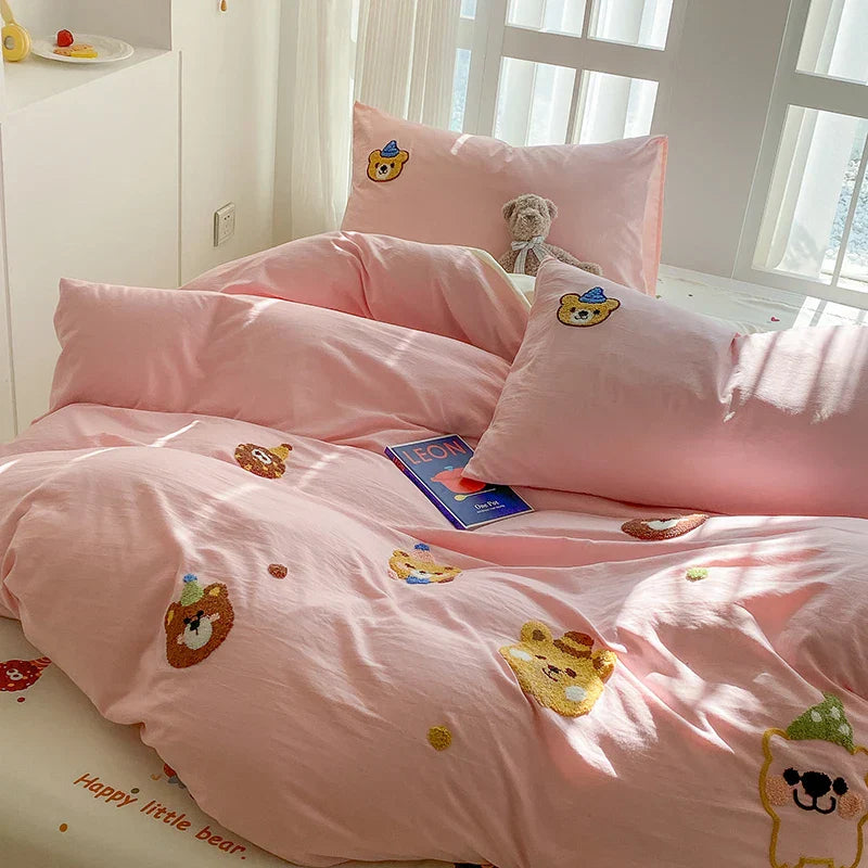 Bedding Set Ins Blue Pink lovely embroidery Mixed With Washed Cotton Minimalist Four Piece Set Fitted Sheets Duvet Cover