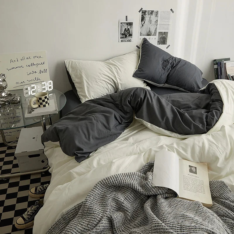 Bed Sheet Set Ins Style Double Color Washed Cotton   Bed Sheet Quilt Cover Sheet 3-piece Set Comforter Set Queen King Size