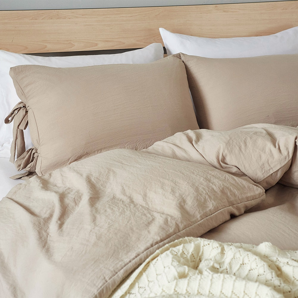 Unique Lace Up Design Thickened Washed Cotton Queen Bed King Size Bedding Sets Duvet Cover with Pillowcases No Sheets