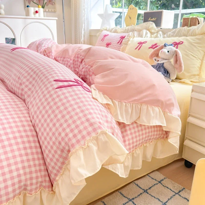 Classic Plaid Duvet Cover, Soft Lace Bedding Set, Bow Design Skin-friendly Quilt Cover, 2 Pillowcases with Different Patterns