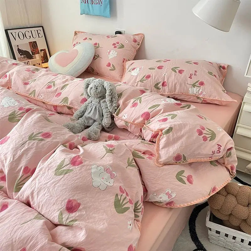 Bedding Set Flora INS Girls 4 New Tulip Rabbit Double-layer  Bed Set Of Four Pieces Washing Cotton Bed Sheets Duvet Cover Set