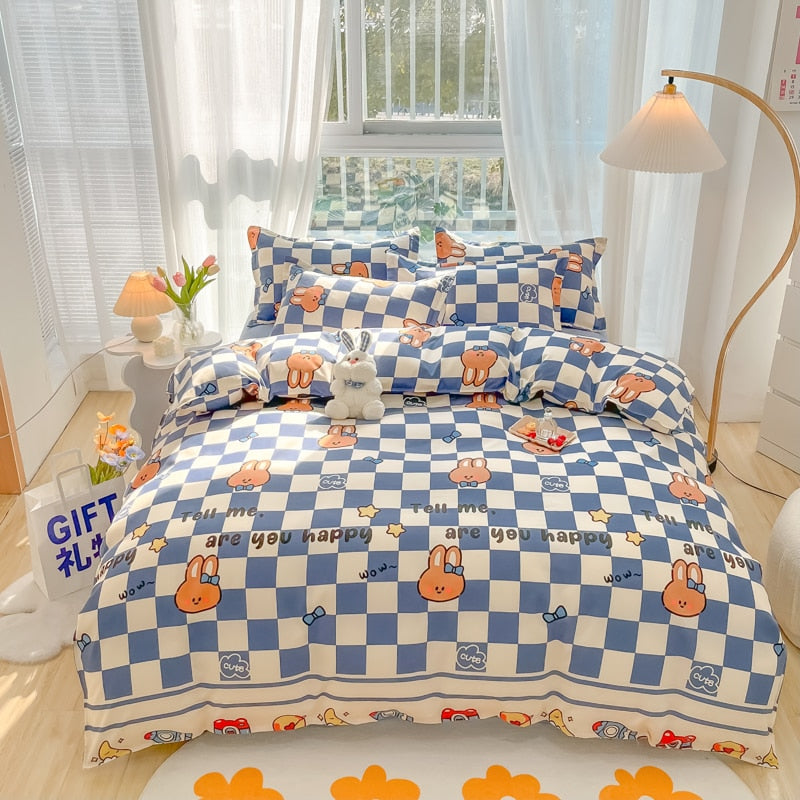 Cotton Home Textile Rose Floral Bedding Set Boy Girl Duvet Cover Flat Sheet Pillowcase Aesthetic Bedcloth Double Queen Bed Linen