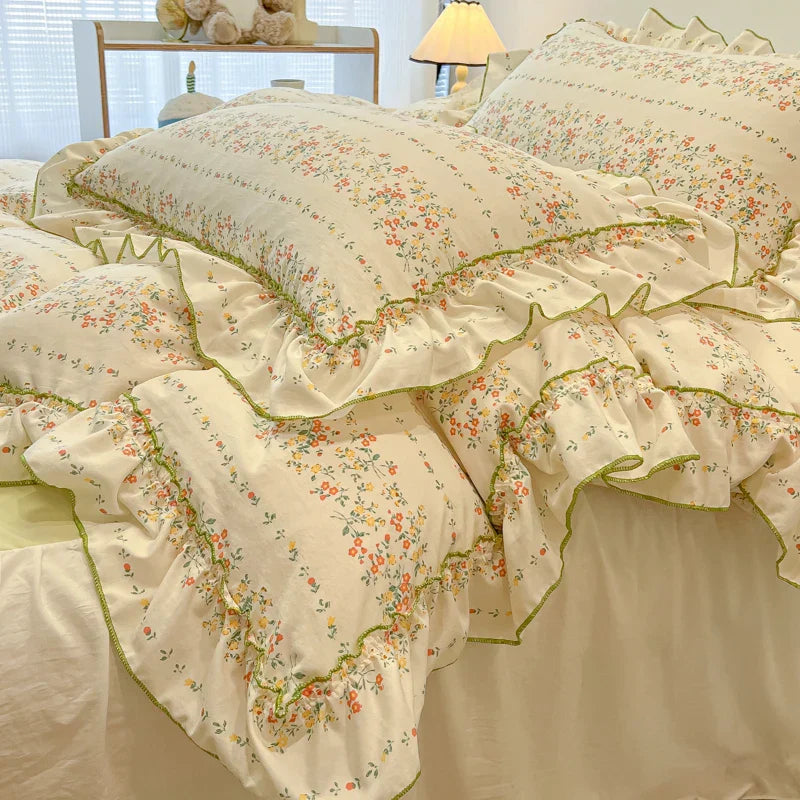 2/3Pc Korean Princess Style Floral Ruffles Bedding Set Single Queen Size Soft Skin-friendly Washed Cotton Duvet Cover Pillowcase