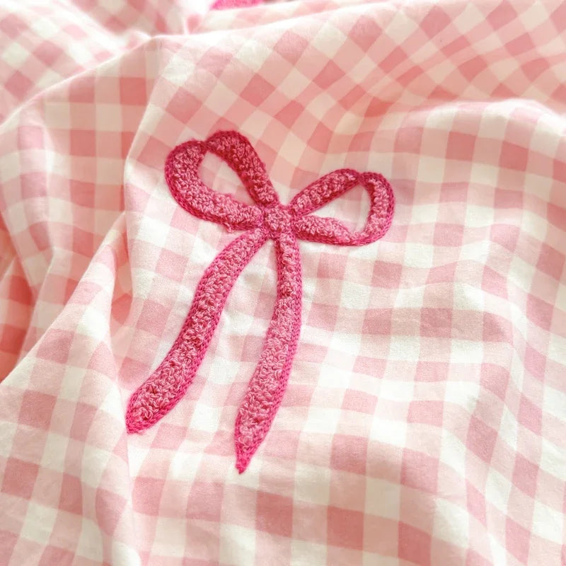 Classic Plaid Duvet Cover, Soft Lace Bedding Set, Bow Design Skin-friendly Quilt Cover, 2 Pillowcases with Different Patterns