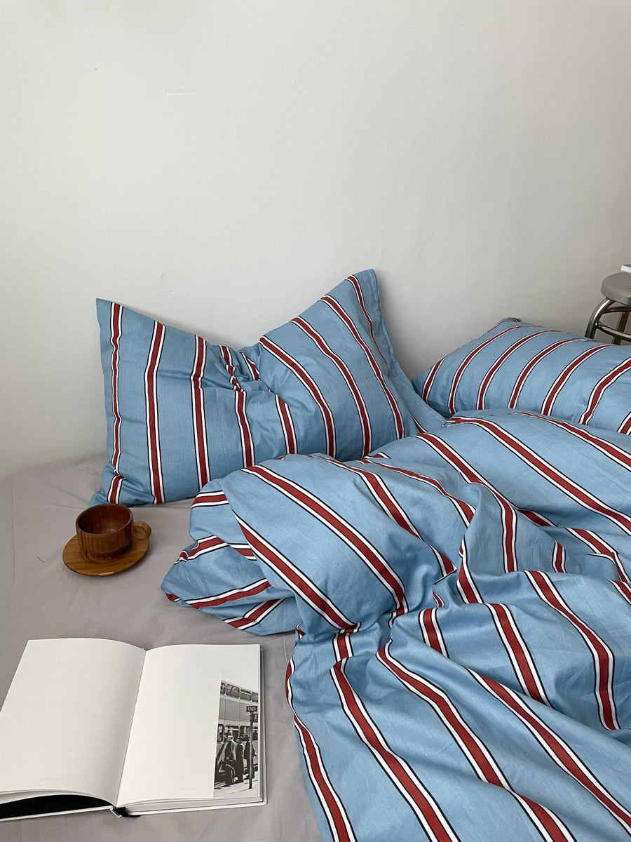 New 100% Cotton Blue Bedding Set Luxury Simple Striped Bed Sheet Quilt Cover Pillow Case Bed Hat Fashion Design 2.0m/1.2m Bed
