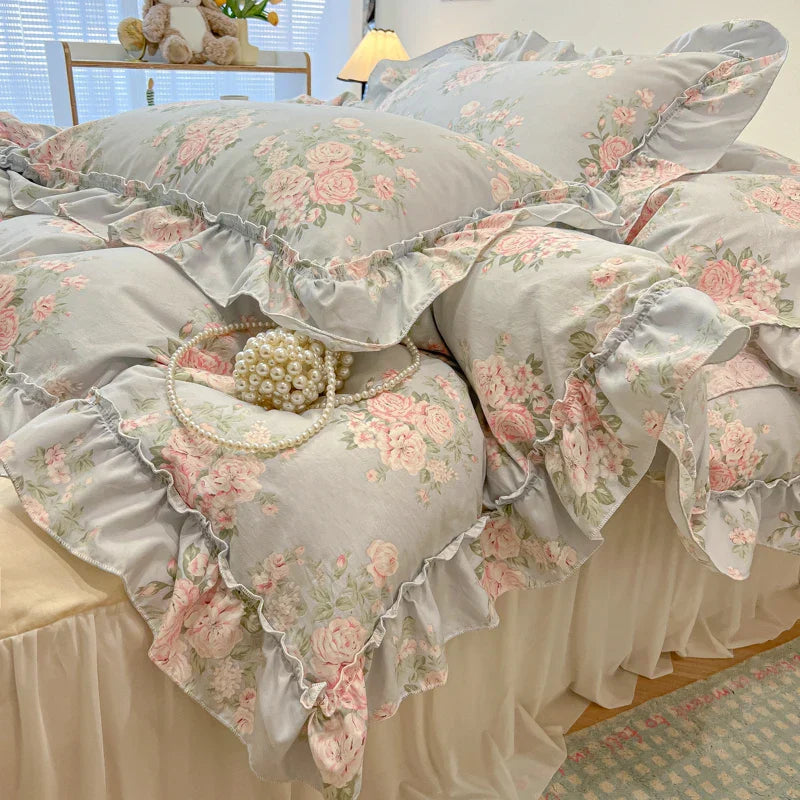 2/3Pc Korean Princess Style Floral Ruffles Bedding Set Single Queen Size Soft Skin-friendly Washed Cotton Duvet Cover Pillowcase