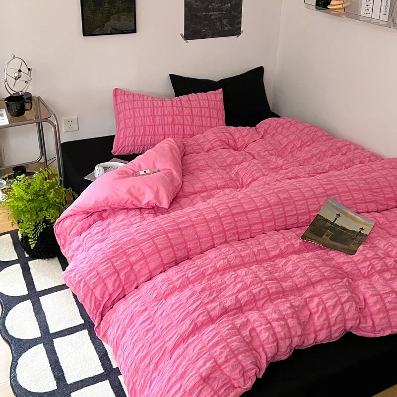 Check Bubble Fabric Bed Set Pucker Duvet Cover Pillowcase Bedding Set Bed Sheet Quilt Cover Single Queen King Size 4 Pieces Sets