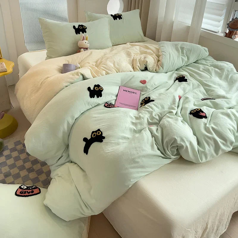 Bedding Set Super Soft Washed Cotton Towel Embroidery Duvet Cover Four Piece Set - Lucky Cat Series