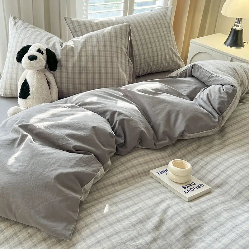 Grey Plaid Bedding Set Ins Style Nordic Duvet Cover Flat Sheet Pillowcases No Filler Full Queen Size Girls Boys Home BedSpread
