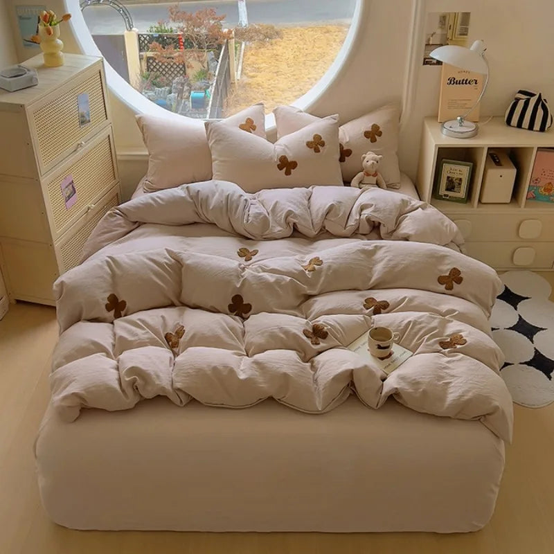 4pcs Duvet cover set (1*Duvet Cover + 2*Pillowcase, sheet), Butterfly knot yarn embroidery Bedding Set, Soft Comfortable