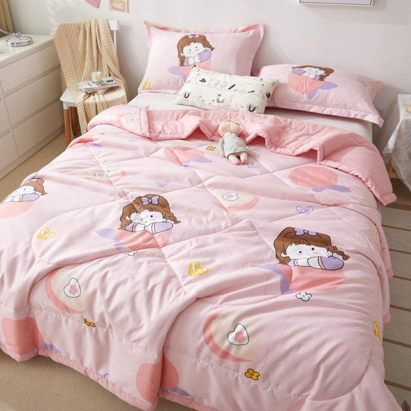 Cute Space Bear Printed Spring Summer Comforter Adults Children Soft Breathable Quilting Quilt Single Double Bed Blanket Quilts