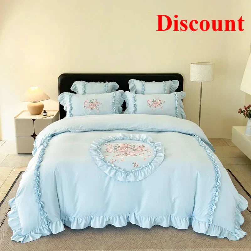 4Pcs Rose Flowers Embroidery Bedding Set Double King Queen Size Pink Girls Bedroom Duvet Cover Flat/Fitted Bed Sheet