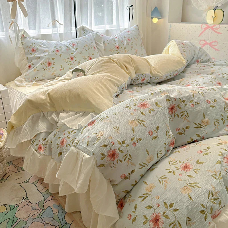 Bedding Set Korean Style New  Small Floral Water Washed Cotton Lace Duvet Cover Set Queen Size