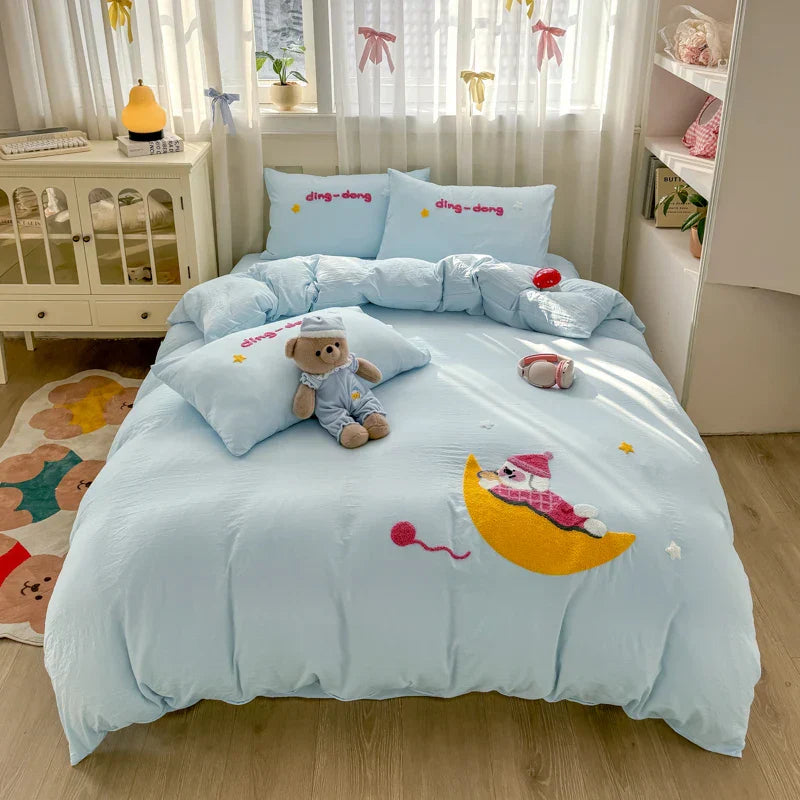 Bedding Set Ins Cute Blue embroidery Mixed With Washed Cotton Minimalist Four Piece Set Fitted Sheets Duvet Cover