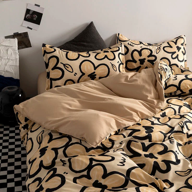 Fashion Style Pink Black Bedding Set Soft Flower Duvet Cover Pillowcase Bed Flat Sheet Set For Girl Double Queen King Bedclothes