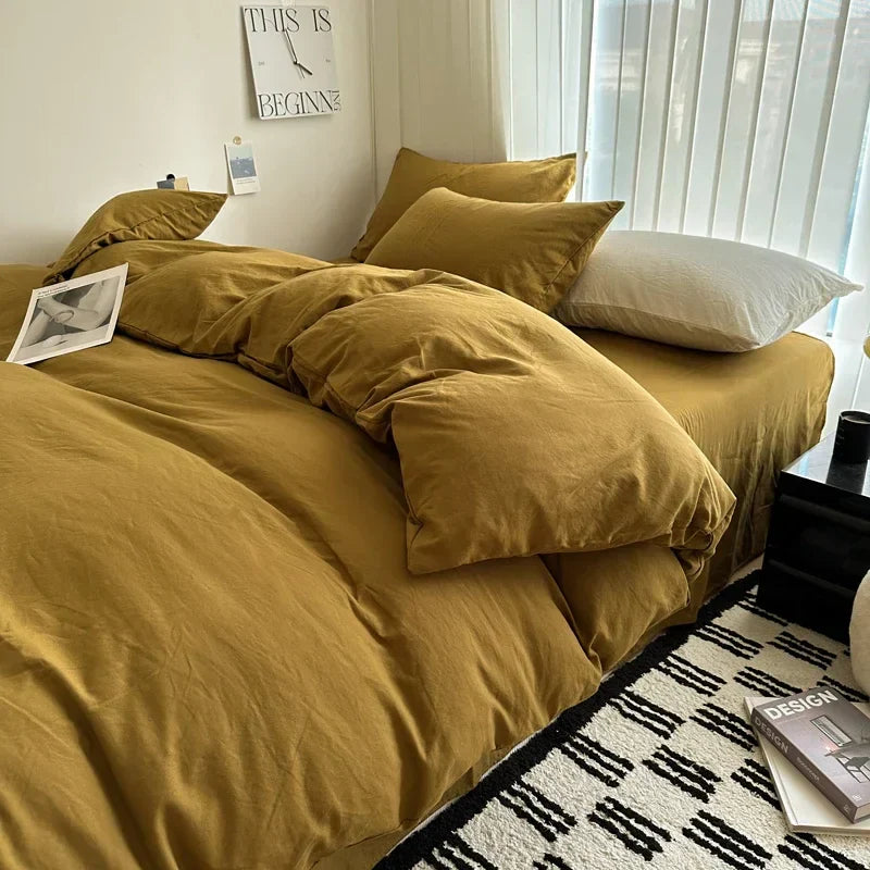 Bed Linen Solid Cotton Bedding Set with Sheet Duvet Cover Pillowcases Single Couple Bedsheet King Queen Double Twin Size