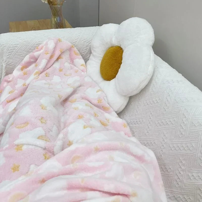 INS Blanket Cartoon Moon Star Printed Throw Flannel Blanket Office Sofa Blanket Soft Bedding For Adults Children Plush Bedspread