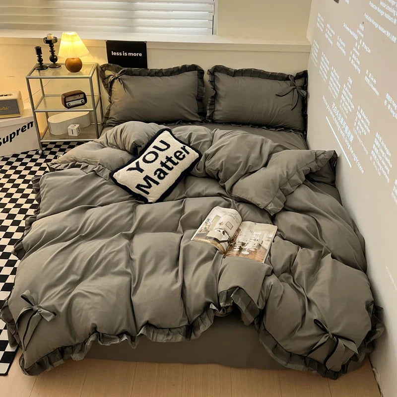 Bowknot Bedclothes Lace Style Bed Sheets Set Skin-friendly Bedding ropa de cama Single/Double/Queen/King Size Bed Linen Set