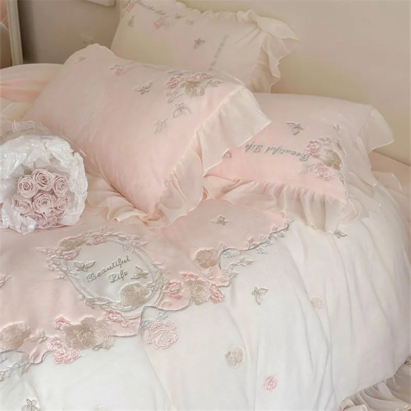 French Romantic Bedding Set Luxury Flower Embroidery Princess Pink Ruffle Milk Velvet Quilt Duvet Cover Bed Sheet Set Bedclothes