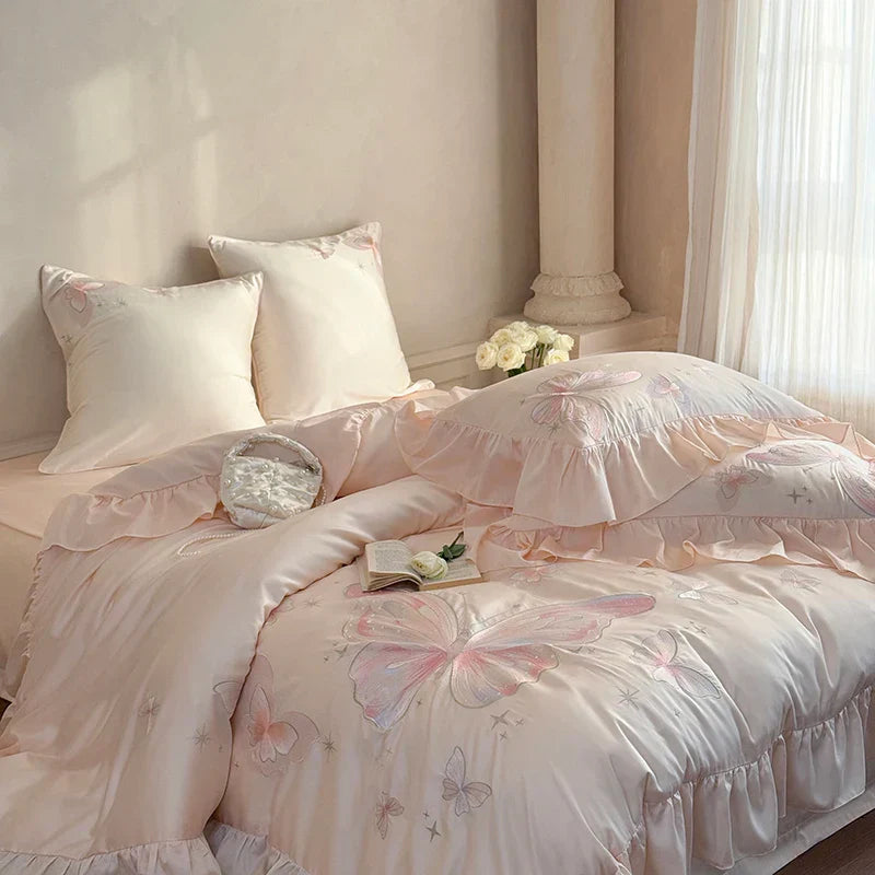 100% Cotton Gorgeous Bedding Set Butterfly Embroidery Flat Sheet Pillowcases Queen Size For Women Bare Sleeping Skin-Friendly