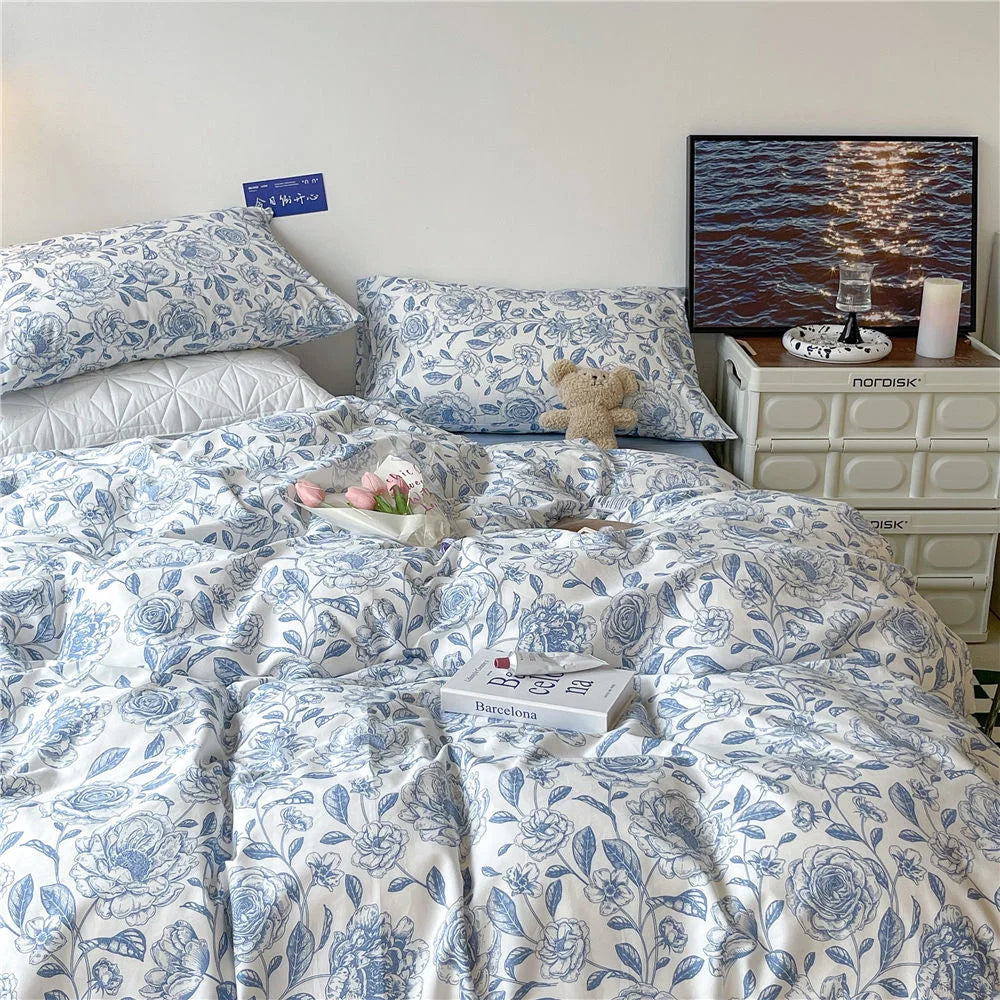Fashion Style Pink Bedding Set Soft Flower Duvet Cover Pillowcase Bed Flat Sheet Set For Girl Women Twin Full Queen Bedclothes