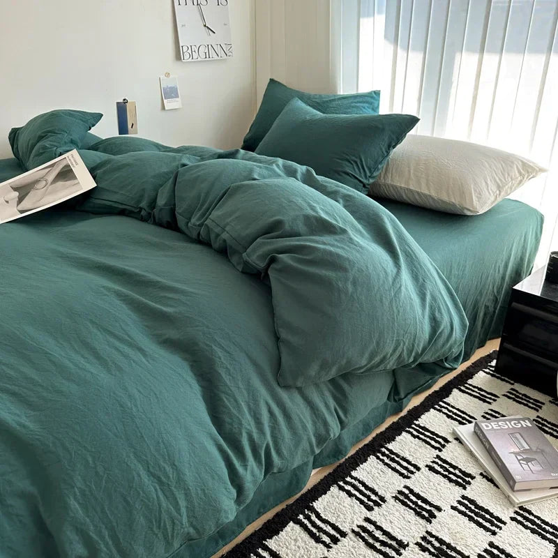 Bed Linen Solid Cotton Bedding Set with Sheet Duvet Cover Pillowcases Single Couple Bedsheet King Queen Double Twin Size