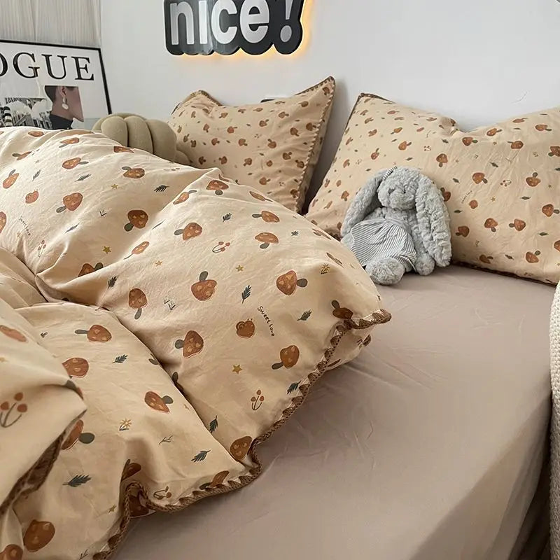 Bedding Set Double Layered Yarn INS Girls Mushroom Soft Washed Cotton Bed Sheet Queen King Size Duvet Set Pillowcase Bed Sheet