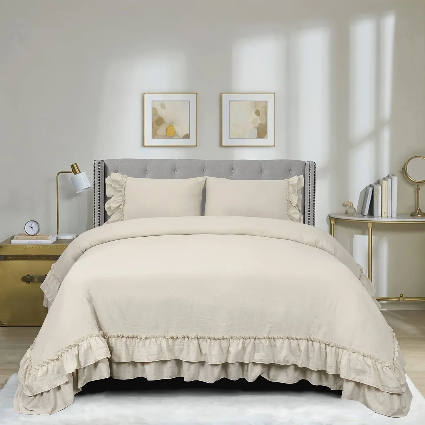 3 Piece Ruffled Duvet Cover Set Queen,Farmhouse Ruffle Comforter Set,Cozy Bedding Set - 1 Ruffle Comforter and 2 Pillowcases