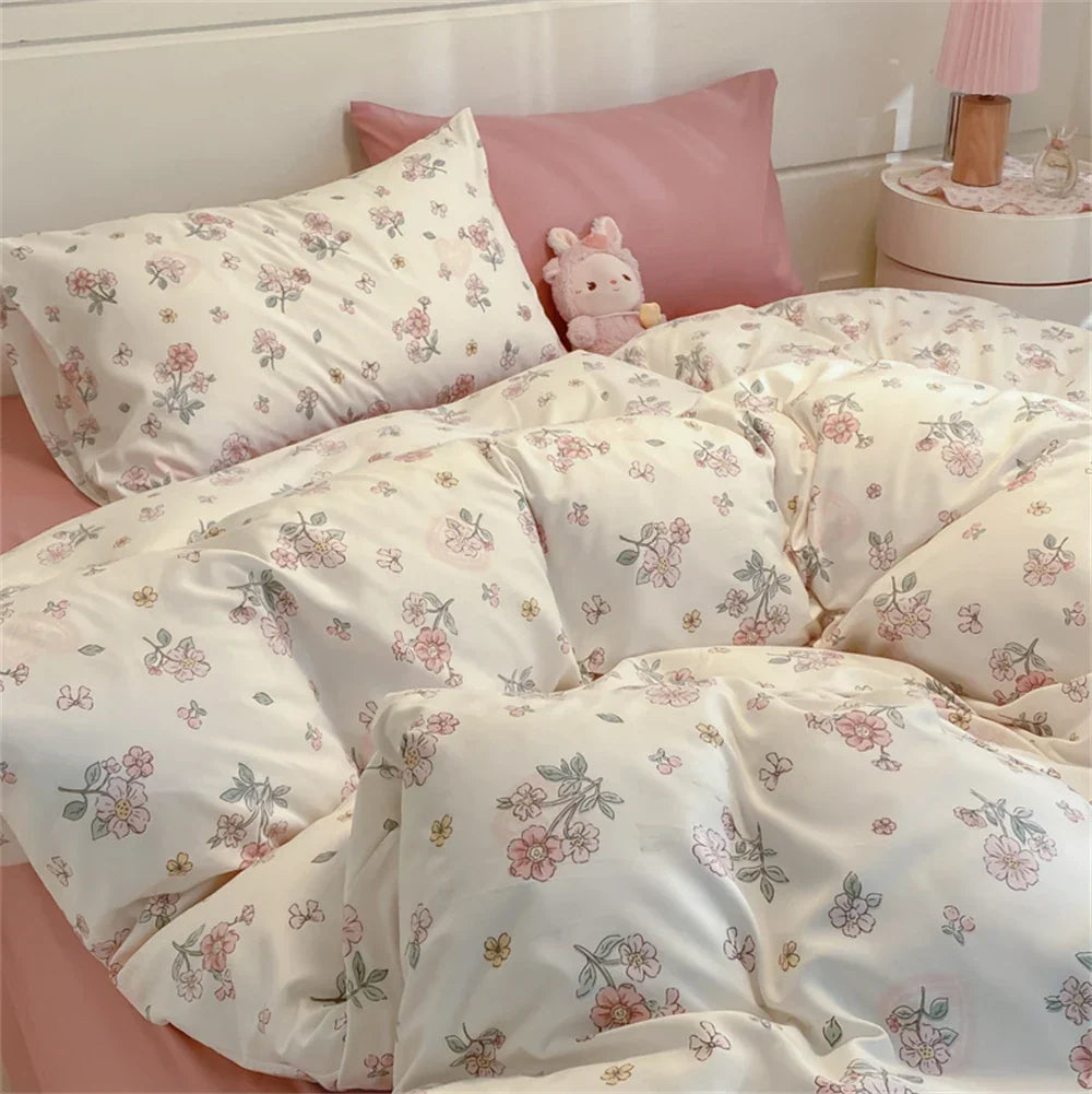 Floral Printed Duvet Cover with Pillowcase Bedding Set Washed Cotton Skin-friendly Four Pieces Set Duvet Cover Set with Sheet