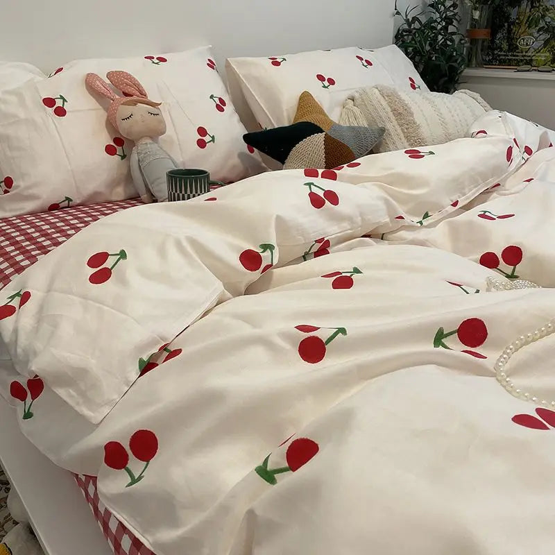 Cherry Cute Bedding Set Flat Sheet Pillowcases No Filler Ins Spring Kids Audlt Single Full Size Home Hotel Bed Linens