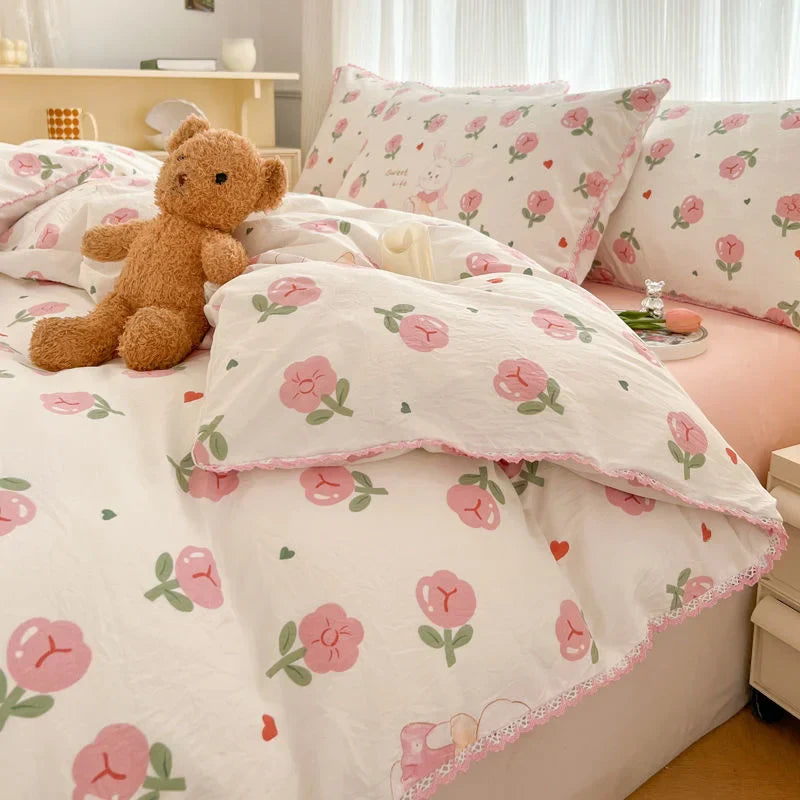 Fresh Botanical Floral Bedding Set for Kids and Adults, Leaves, Flower Duvet Cover, Pillowcases, Soft Washed Cotton, Home Textil