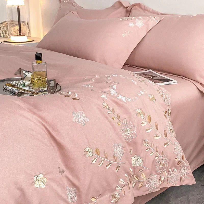 4pcs/set Light Luxury 120s Pure Cotton Floral Embroidered Quilt Cover Pillowcases Fitted Sheet Skin-friendly Naked Bedding Set