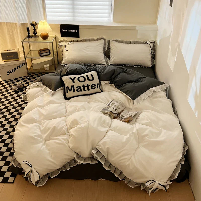 Bowknot Bedclothes Lace Style Bed Sheets Set Skin-friendly Bedding ropa de cama Single/Double/Queen/King Size Bed Linen Set