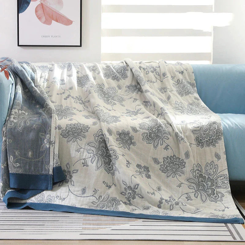 Textile City Cotton 5 Layer Gauze Towel Quilt Flower Pattern Quality Blanket Summer Nap Blanket for Couples 200cmx230cm