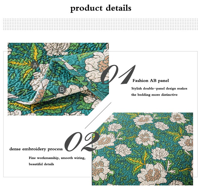 Double Bed Cotton Green White Flowers 3pcs Printed Quilted Quilt Pillowcase Free Shipping
